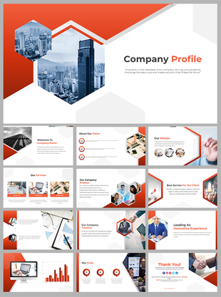 A pack of company slides featuring a modern design with hexagonal shapes, showcasing various topics with different layouts.