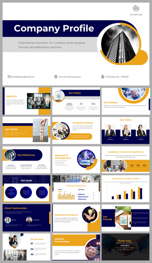 Comprehensive company profile slides showcasing company vision, mission, culture, and team members.