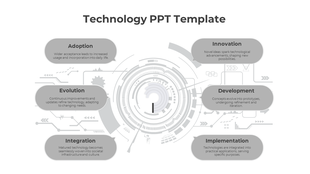 Gray-themed technology template showing six stages in a circular layout around a futuristic design, with descriptive text.