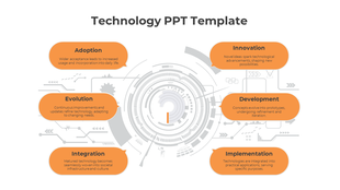 Central gray tech-themed circle with six orange text boxes arranged around it in a circular pattern.