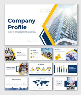 A modern company profile slides featuring vibrant yellow and blue design, with sections like mission, vision, and services.