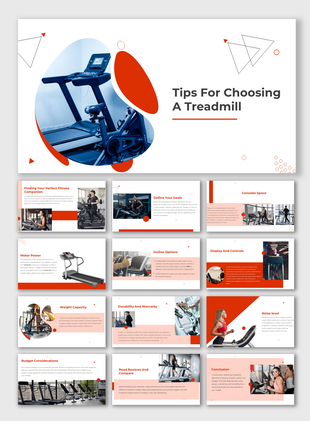Slide deck offering treadmill selection tips, with a mix of images and text, and geometric red design elements.