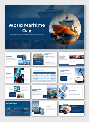 Blue themed layout with images of ships and maritime activities, highlighting sustainability and cultural significance.