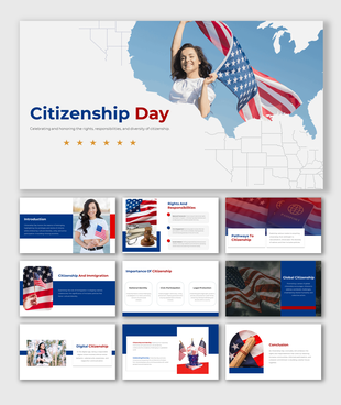 Citizenship day slides with a blue, red, and white theme, featuring images of flags and sections on rights and immigration.