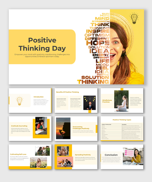 Slide deck for Positive Thinking Day with a word cloud design and slide previews on cultivating positivity and mindfulness.
