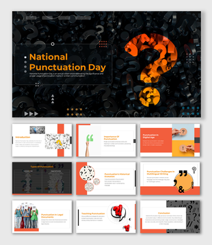Black and orange slide pack with question mark visuals, covering punctuation types, importance, and teaching strategies.