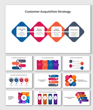 Customer acquisition strategy slide deck with diamond and flowchart layouts, covering tactics, plans, and user funnels.