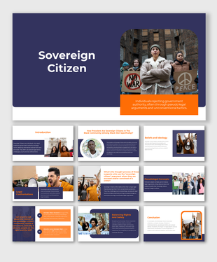 Slide deck with navy and orange theme, featuring images of protests covering beliefs, legal issues, and rights.