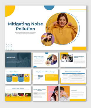 Slides on mitigating noise pollution, showcasing a woman with headphones, and information on reducing urban noise.