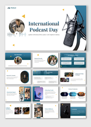International Podcast Day slide deck with blue theme, microphone visuals, and placeholders on trends, formats, and impact.