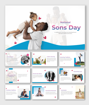 National sons day slide deck featuring a father lifting his son in the air with pink hearts and a blue wave design.