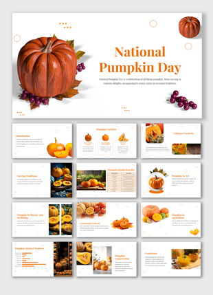 Slide pack with orange accents highlighting pumpkin visuals, varieties, history, and its cultural significance.