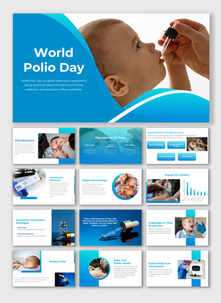 Blue themed slide deck featuring images of children receiving vaccines and content on polio eradication efforts.