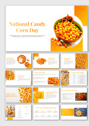 Yellow themed slide deck with candy corn images in bowls and scattered layouts, with text sections and fun facts.