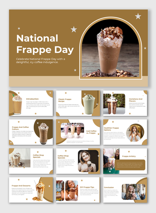 Slide deck celebrating national frappe day,  with a whipped cream and caramel drizzle, surrounded by decorative stars.