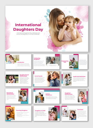 International daughters day slides on celebrating daughters, empowerment, health, education, and achievements.
