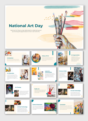 National art day slide deck with a cover image showing a painted hand holding paintbrushes against a watercolor background.