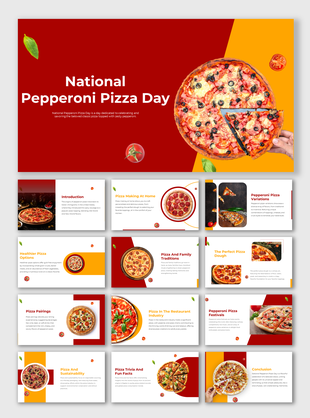 Slide deck featuring images of pepperoni pizza with sliced pieces, against a red and yellow background design.
