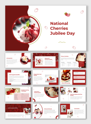 Cherries Jubilee Day with cherry desserts, red-white theme, and slides on history, recipes, orchards, and celebrations.