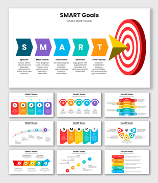 Smart Goals infographic with colorful arrows, target board graphic, and structured planning layout.