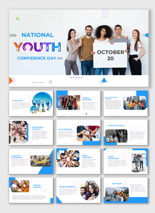 National Youth Confidence day slides highlighting youth empowerment, mental health, and building self esteem with images.