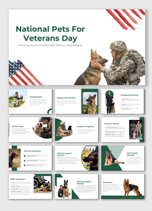 National pets for veterans day slide deck featuring a soldier and a German Shepherd, with red and blue flag-themed accents.