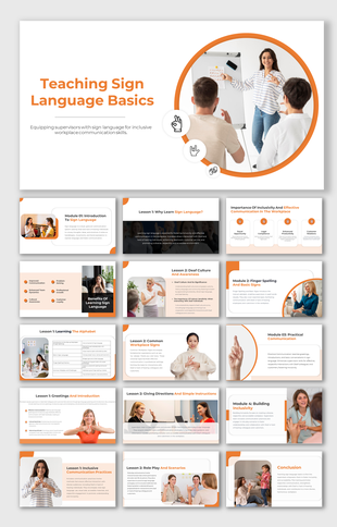 Sign language training slide deck with a focus on workplace applications, covering deaf culture, essential signs.