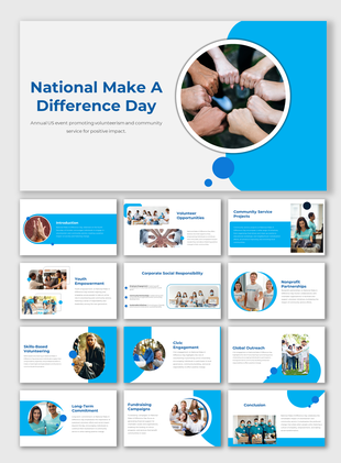 National make a difference day slide deck featuring a image of hands forming a group fist bump, highlighting themes of unity.