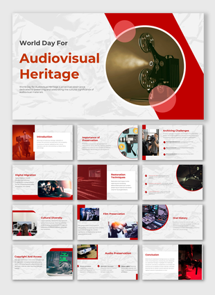 PowerPoint template for World Day for Audiovisual Heritage featuring film reels and preservation related slides.