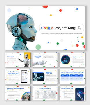 Google project magi slide deck with a high-tech robot and search bar text, decorated with colorful circles.