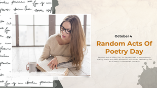 A vibrant slide for Random Acts of Poetry Day, featuring a woman reading poetry with a warm cozy background with description.