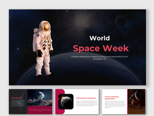 Astronaut figure against a space backdrop, highlighting world space week slide deck celebration dates.