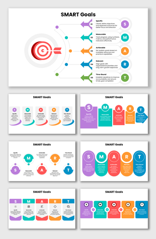 SMART Goals infographic with colorful arrows, target icon, and structured planning workflow layout.