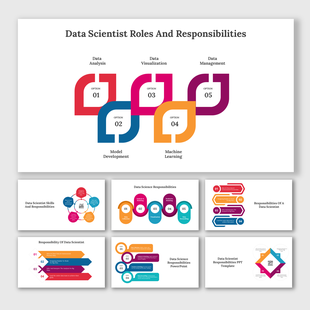 Data scientist roles and responsibilities slide deck with  numbered infographics across seven layouts showing key tasks.