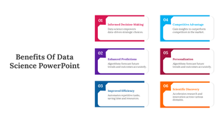Slide with six rectangular shapes in pink, purple, blue, teal, red, and orange, each highlighting advantage of data science.
