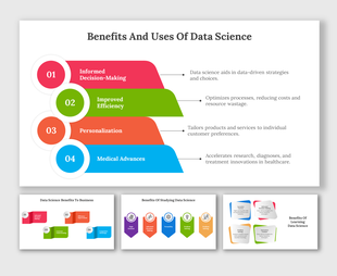A data science slide with four colorful arrows labeled, from one to four each containing text and small descriptive icons.