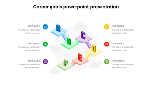 Career goals slide showcasing six colored stages with text areas and corresponding icons.
