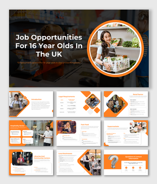 UK teen job opportunity with orange and white slides featuring young workers, job categories, and sector specific roles. 