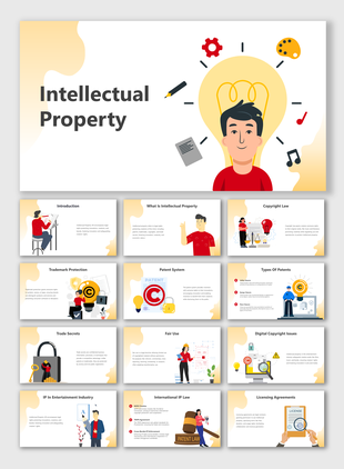 Intellectual property slides with light themed illustrations, explaining patent systems, trademark protection, and fair use.