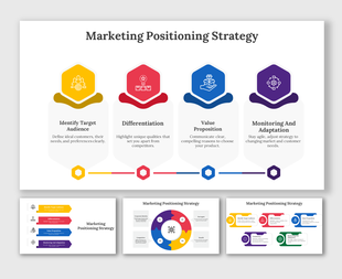 Marketing positioning strategy infographic PPT slides outlining steps with different colorful layout designs and icons.