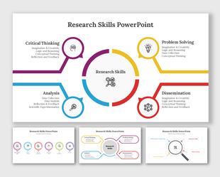 A pack of research skills diagram slides with four key areas with different layouts and diagrams with text descriptions.