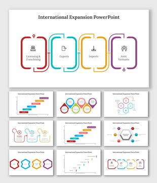 International expansion slides with icons representing four business models in colorful layout designs.