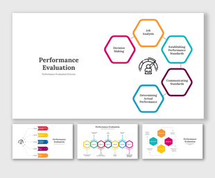 Slide deck outlining the performance evaluation process, with icons and hexagonal shapes depicting key steps.