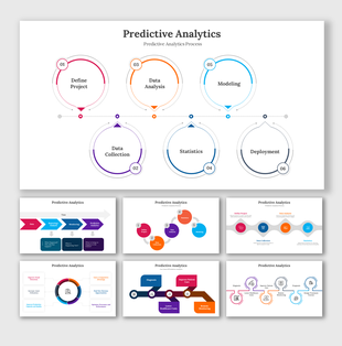 Slide deck showing predictive analytics processes, featuring circular flow diagrams, arrows, and step by step illustrations.