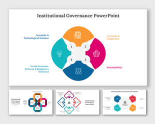Institutional governance infographic slide deck with four key areas, each illustrated with an icon and a descriptive title.