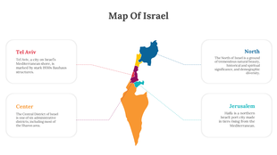 Map of Israel with regions highlighted in different colors, including Tel Aviv, North, Center, and Jerusalem.