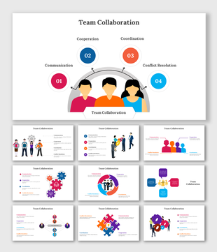 A pack of team collaboration slides showing key elements like human illustrations with colorful icons.
