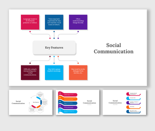Social communication PowerPoint slides displaying key features in a flowchart format with colorful blocks.