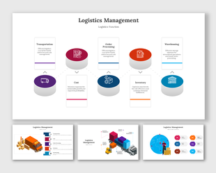 Logistics management with cost and inventory blocks, surrounded by icons for transport, order, and warehouse functions.