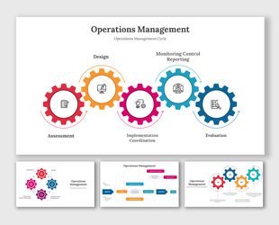 Operations management cycle slides with four colorful gears from assessment to evaluation with different layout designs.